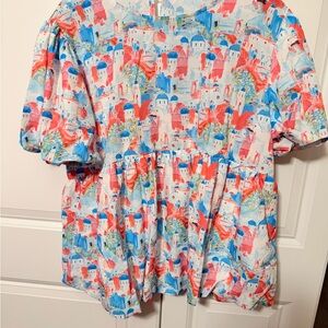 Colorful Mediterranean Print Peplum Top - Coral & Sky Blue